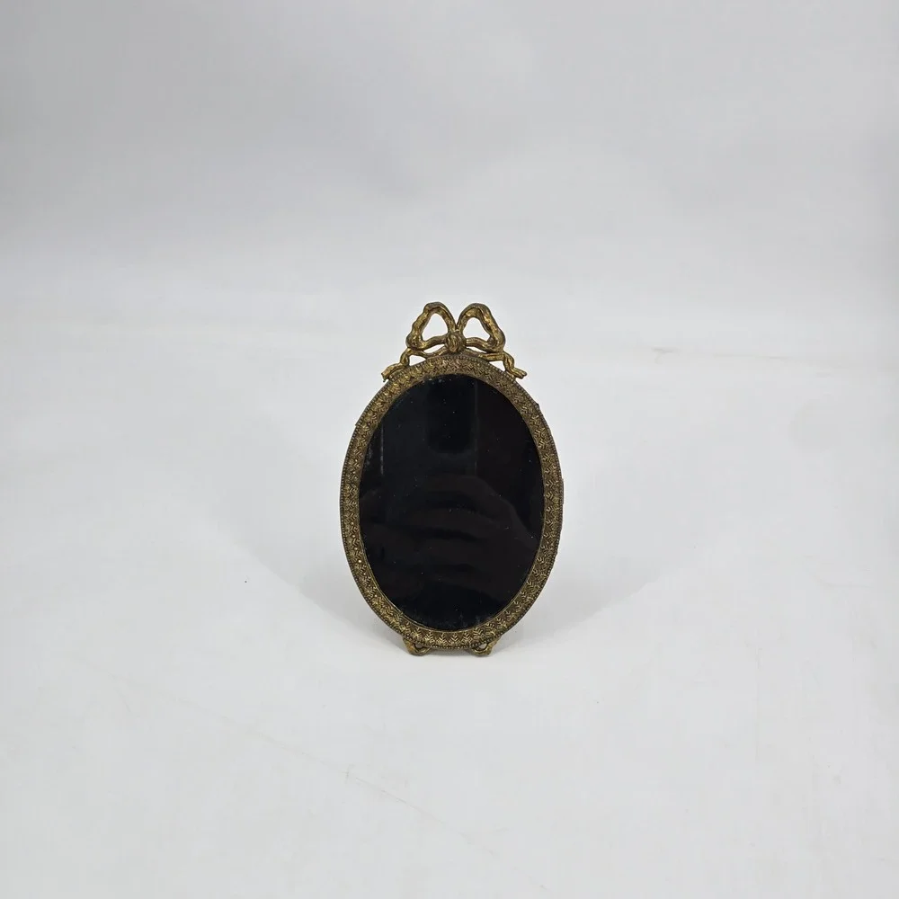 Vintage Italian Oval Brass Vanity Mirror Bow Hollywood Regency Florentine 6